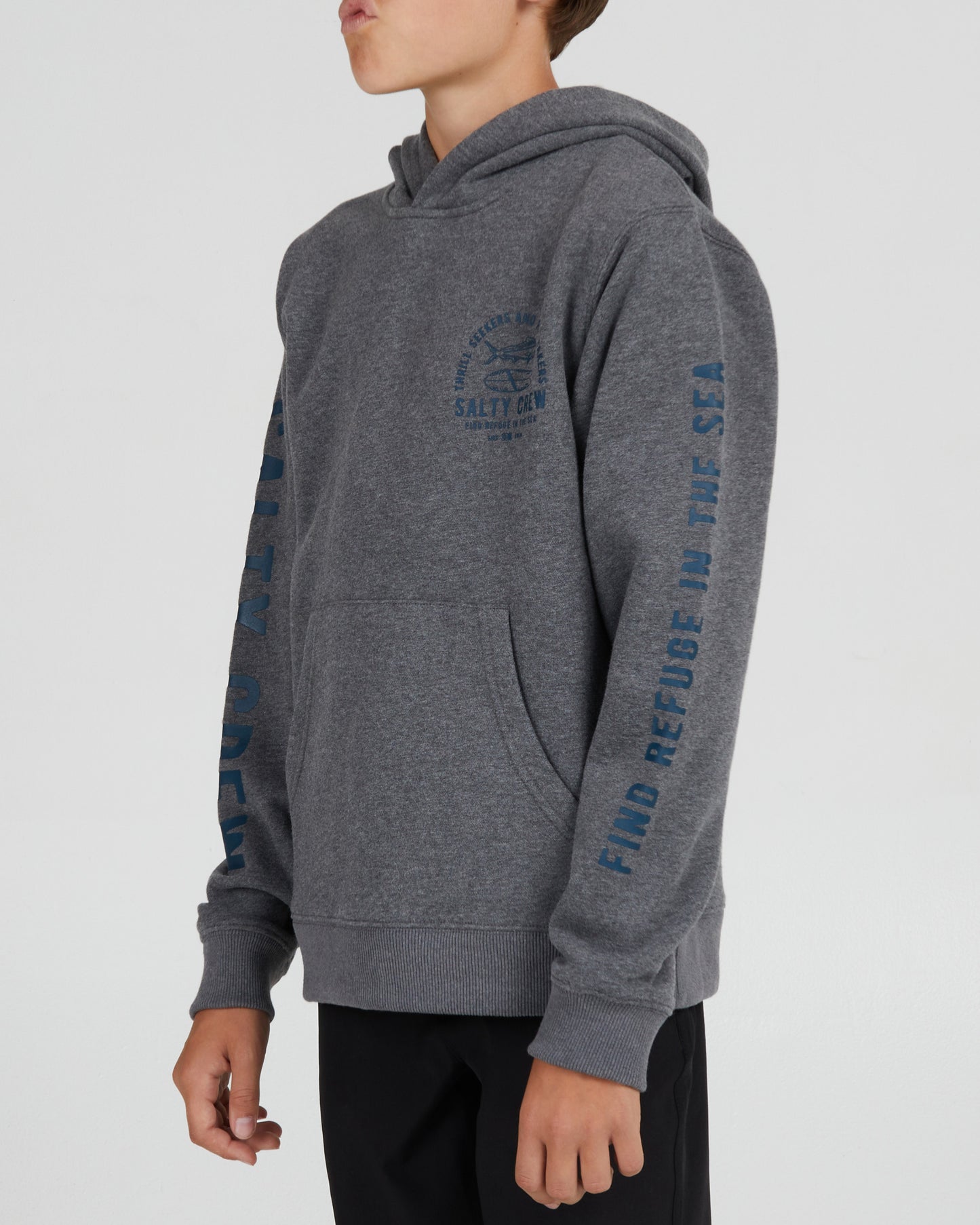 On body front angled view of the Lateral Line Boys Gunmetal Heather Hooded Fleece