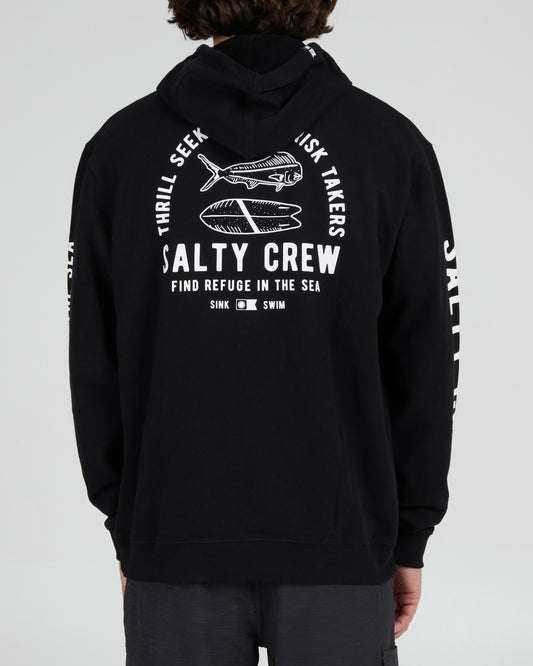 On body back of the Lateral Line Black Hooded Fleece