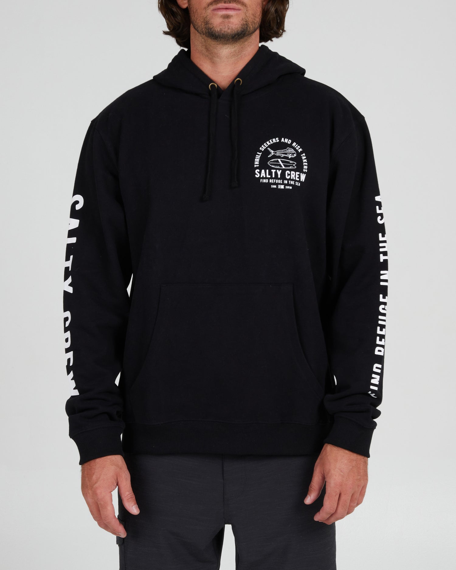 On body front of the Lateral Line Black Hooded Fleece