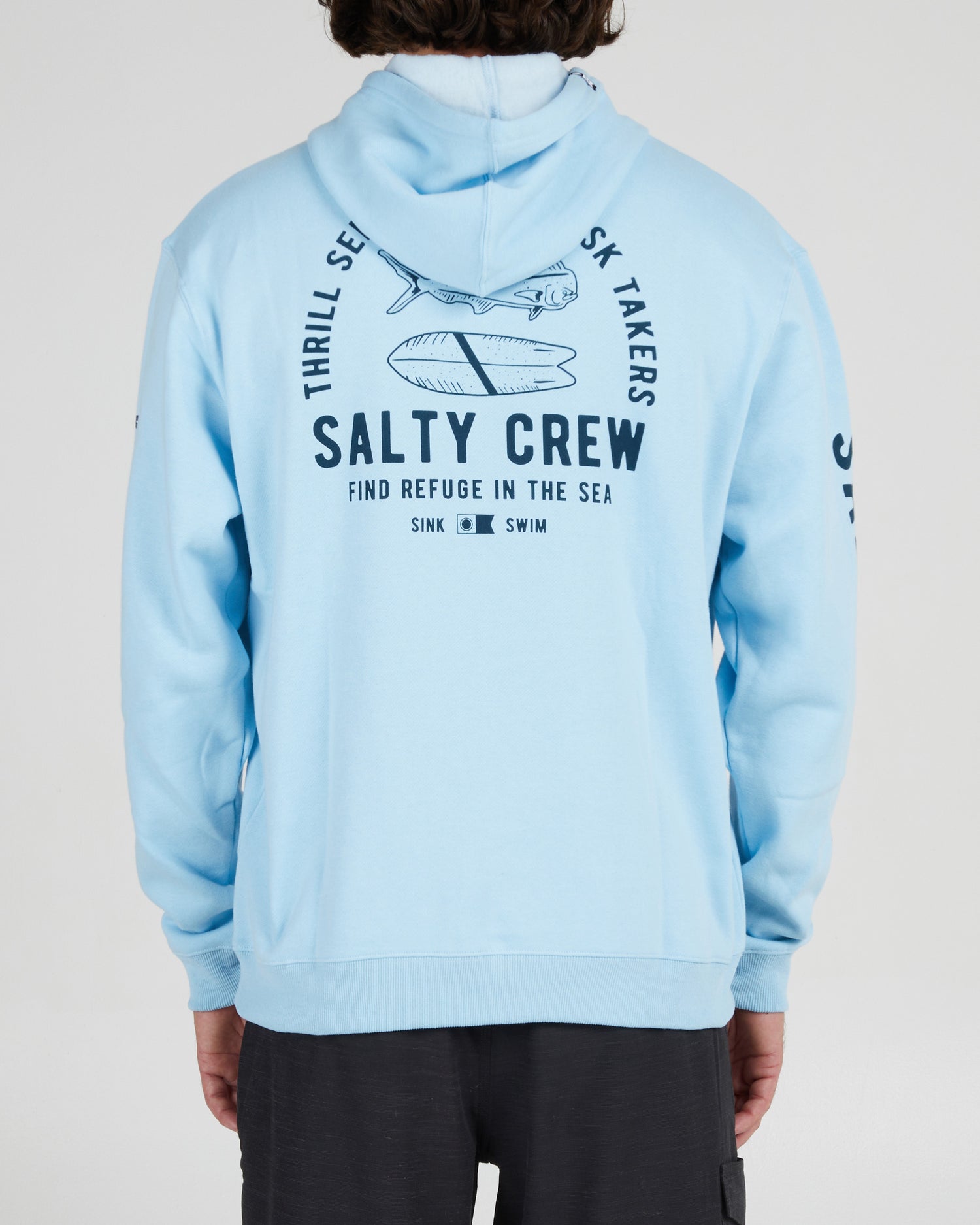 On body back of the Lateral Line Blue Hooded Fleece