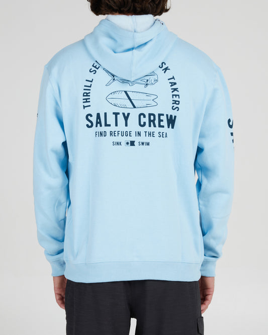 On body back of the Lateral Line Blue Hooded Fleece