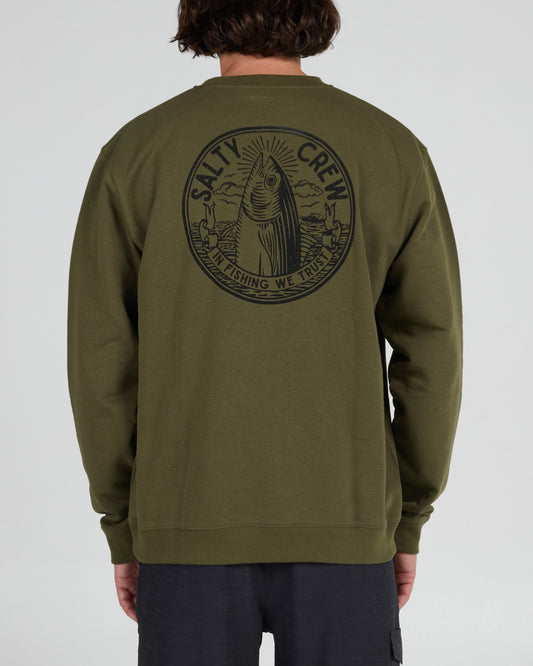 On body back of the In Fishing We Trust Army Crew Fleece