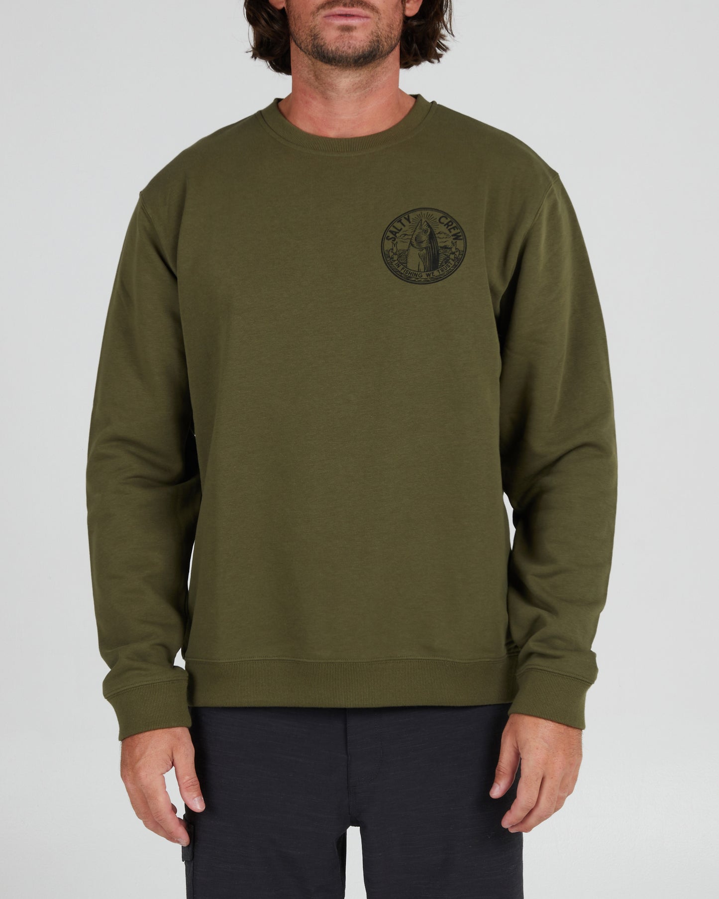 On body front of the In Fishing We Trust Army Crew Fleece