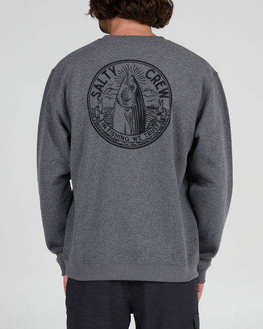 On body back of the In Fishing We Trust Gunmetal Crew Fleece
