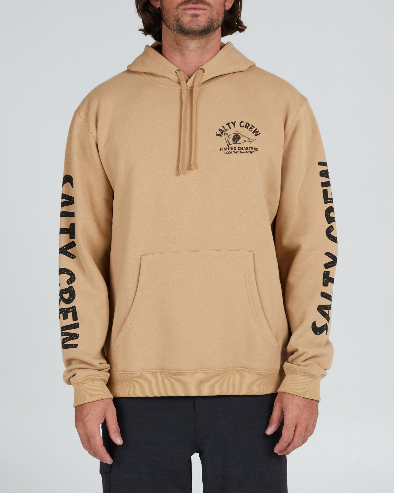 On body front of the Fishing Charters Sandstone Hood Fleece