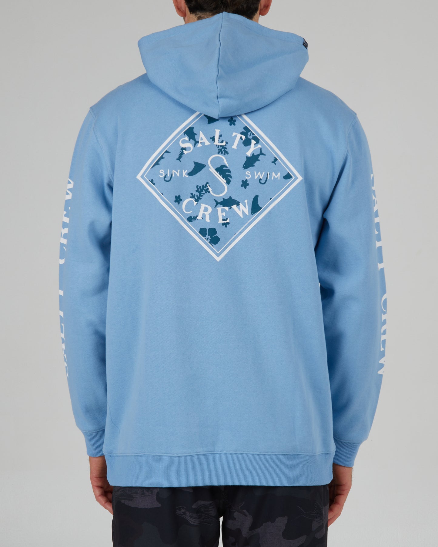 back view of Tippet Tropics Marine Blue Hood Fleece