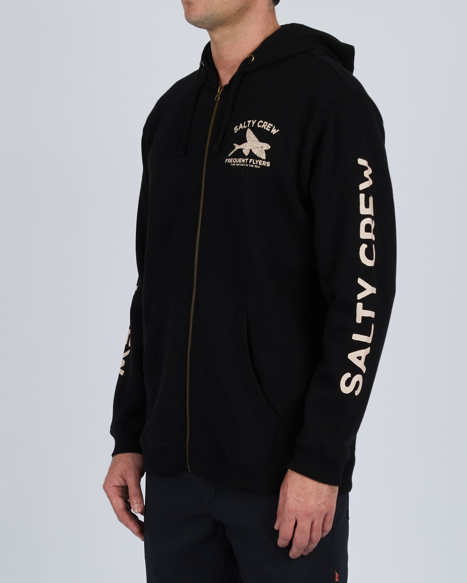 front angled Frequent Flyer Black Zip Fleece