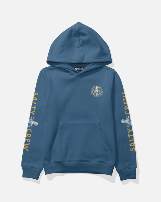The Salty Crew Tentacles Boys Fleece in Cast Blue features a hood, kangaroo pocket, sun and wave chest graphic, SALTY CREW yellow sleeve text, and a white fish near the cuffs.