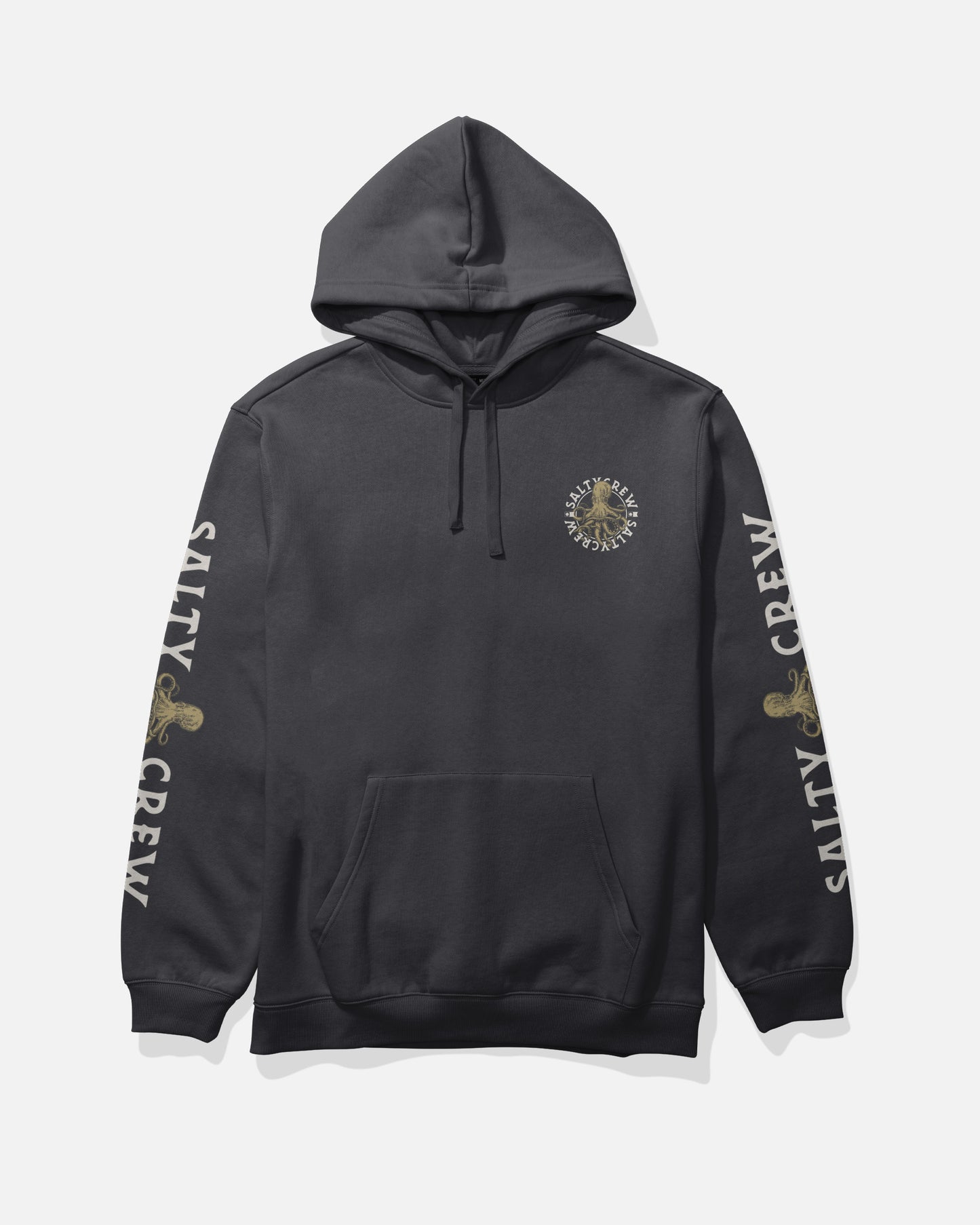 The Salty Crew Tentacles Fleece Hoodie - Black features a cotton-poly blend, kangaroo pocket, screenprinted Salty Crew text and gold anchor graphics on both sleeves, plus a small circular logo on the left chest.