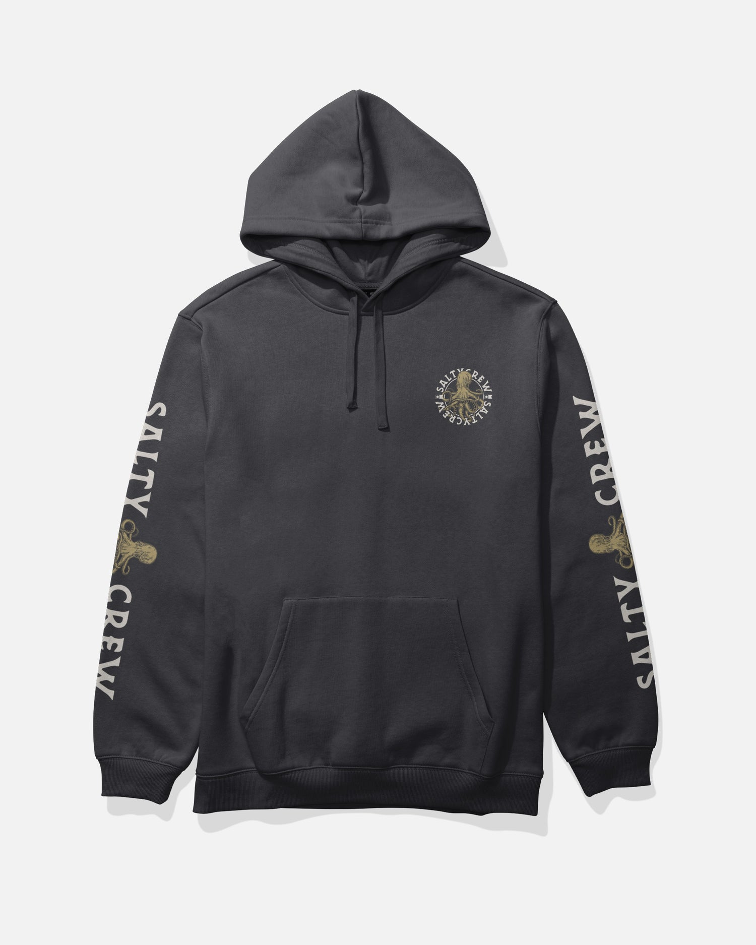 The Salty Crew Tentacles Fleece Hoodie - Black features a cotton-poly blend, kangaroo pocket, screenprinted Salty Crew text and gold anchor graphics on both sleeves, plus a small circular logo on the left chest.