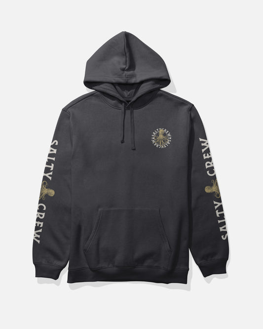 The Salty Crew Tentacles Fleece Hoodie - Black features a cotton-poly blend, kangaroo pocket, screenprinted Salty Crew text and gold anchor graphics on both sleeves, plus a small circular logo on the left chest.