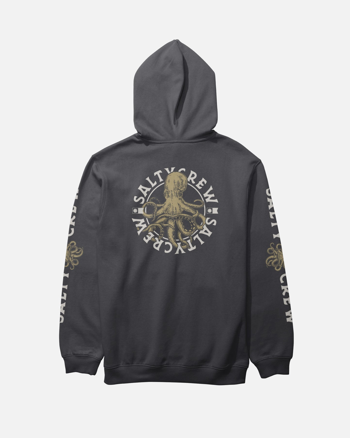 The Salty Crew Tentacles Fleece Hoodie - Black is a dark gray cotton-poly hoodie featuring a large tan screenprinted octopus and SALTY CREW text graphic on the back, sleeve graphics, drawstring hood, and a kangaroo pocket.