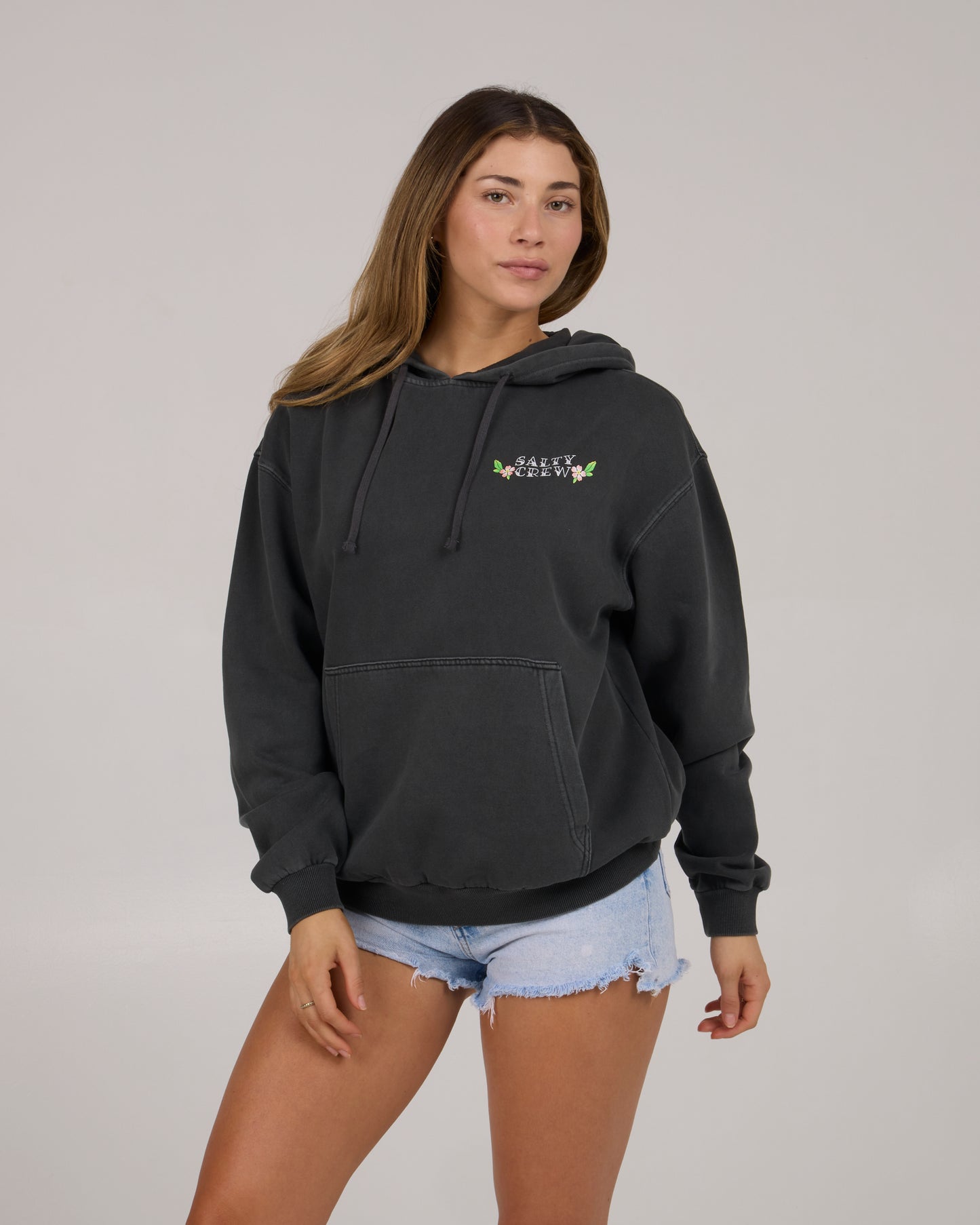 On body front view of Hopper Hoody - Faded Black
