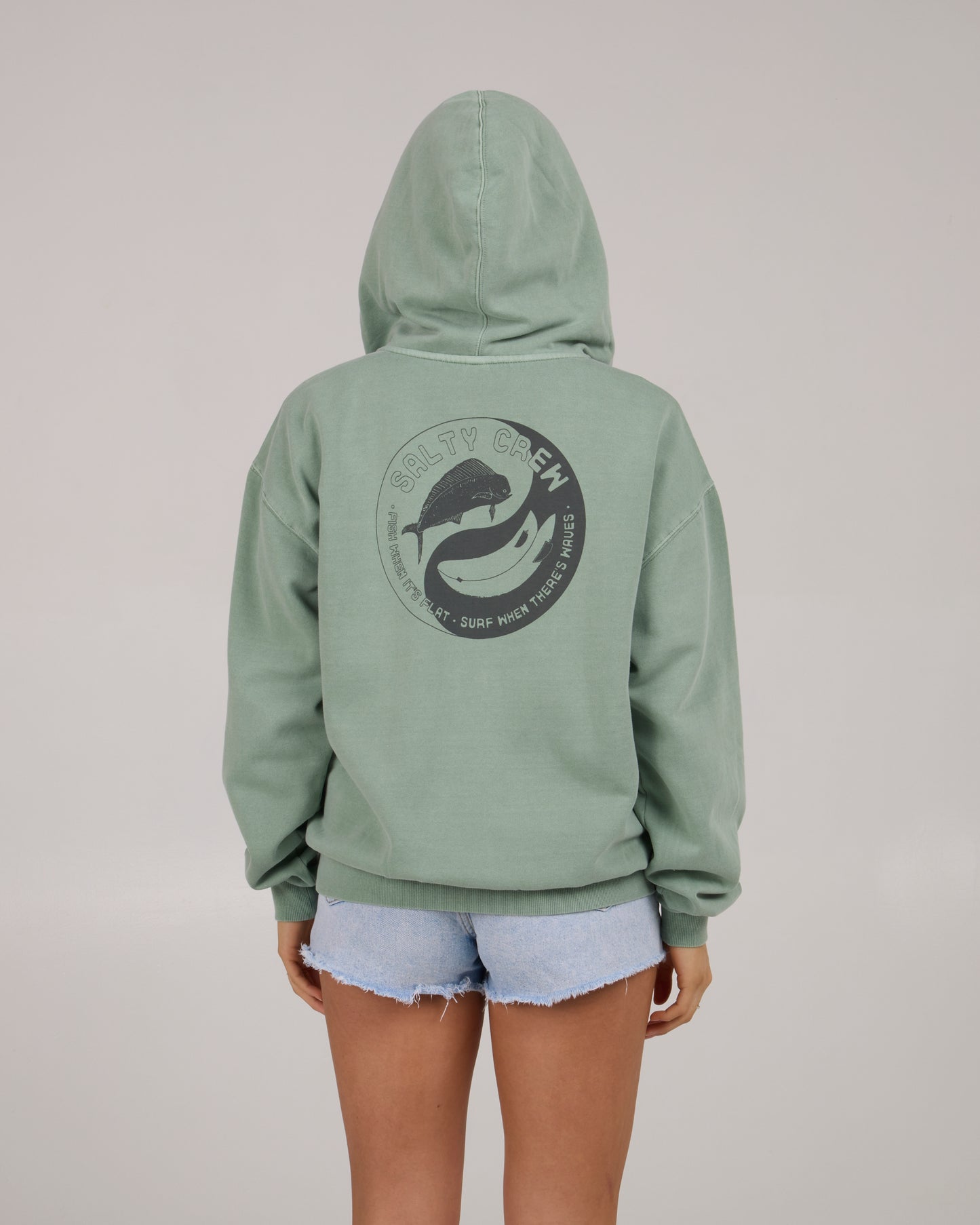 On body back of the Fishin Yang Zip Fleece Hoodie - Sage. 