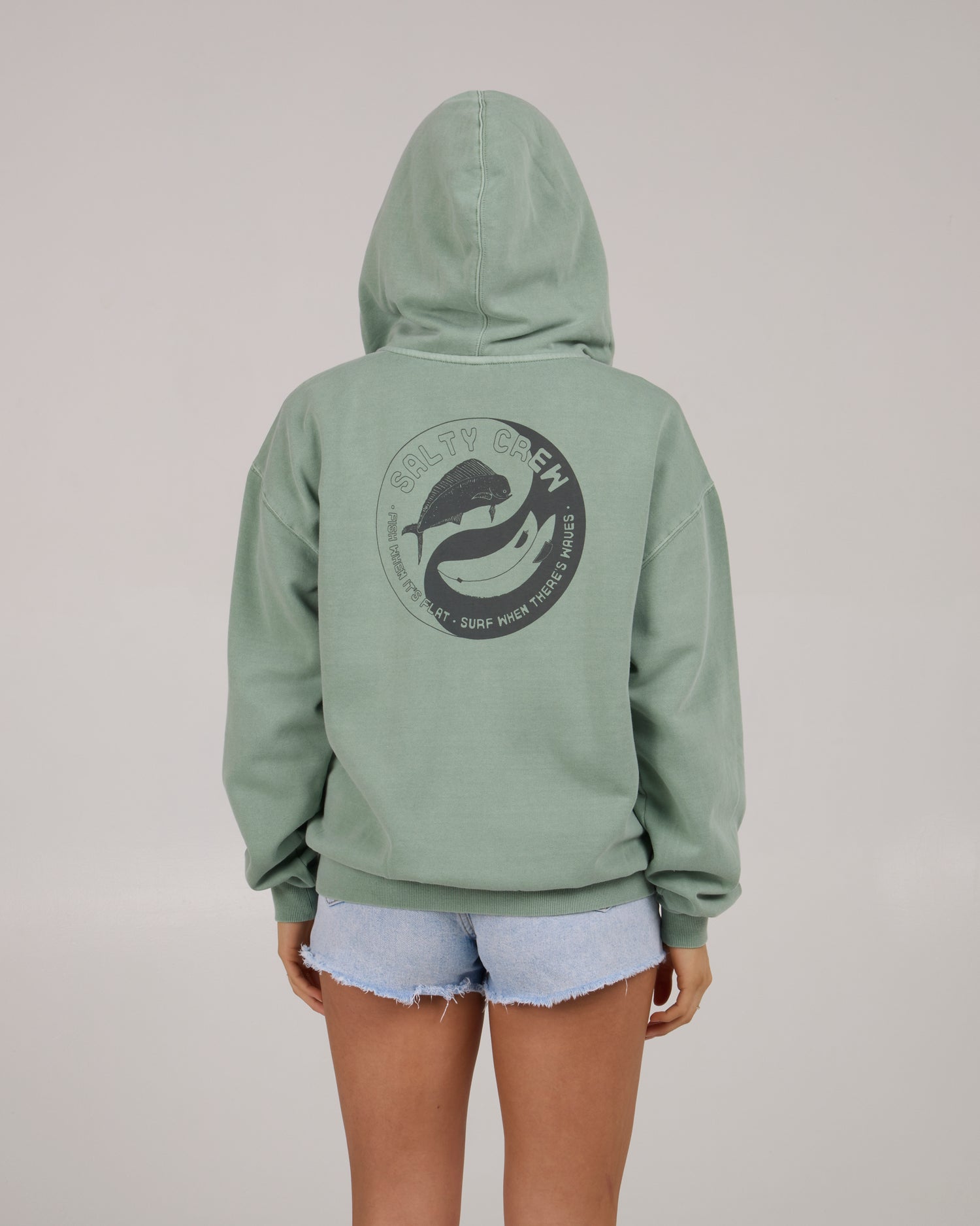 On body back of the Fishin Yang Zip Fleece Hoodie - Sage. 