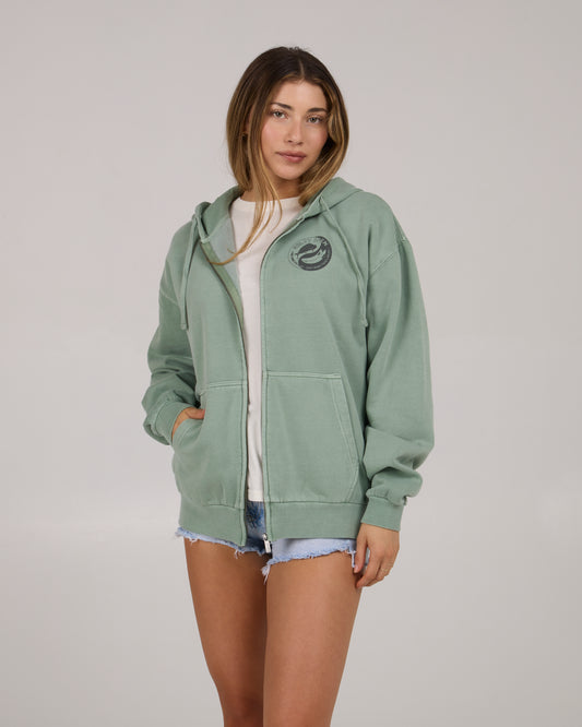 On body front of the Fishin Yang Zip Fleece Hoodie - Sage. 