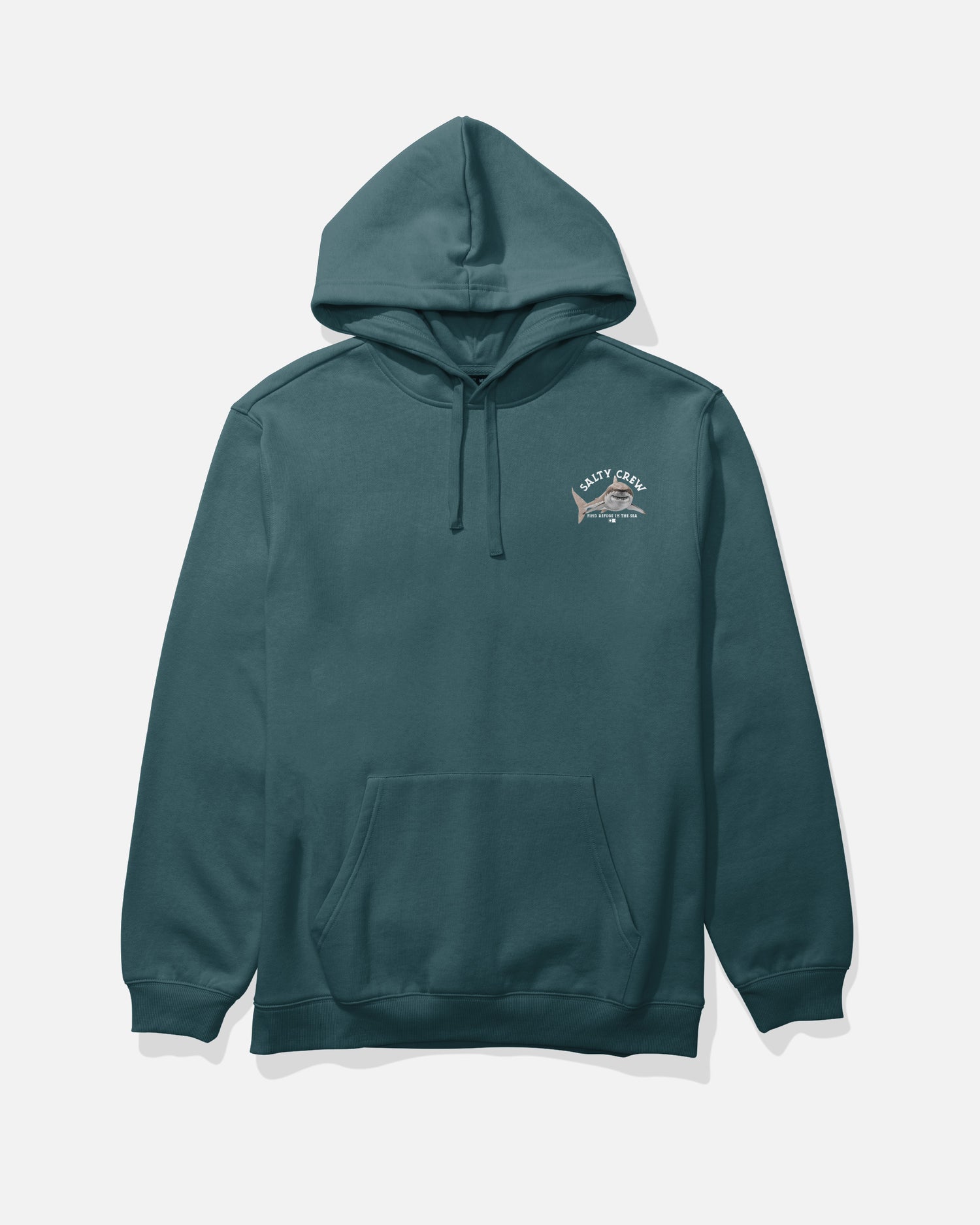 Introducing the Salty Crew Lurking Fleece in Atlantic Blue—a cotton-polyester hoodie featuring a convenient kangaroo pocket, adjustable drawstrings, and a small fish graphic with Salty Crew text screenprinted on the left chest for added style and comfort.