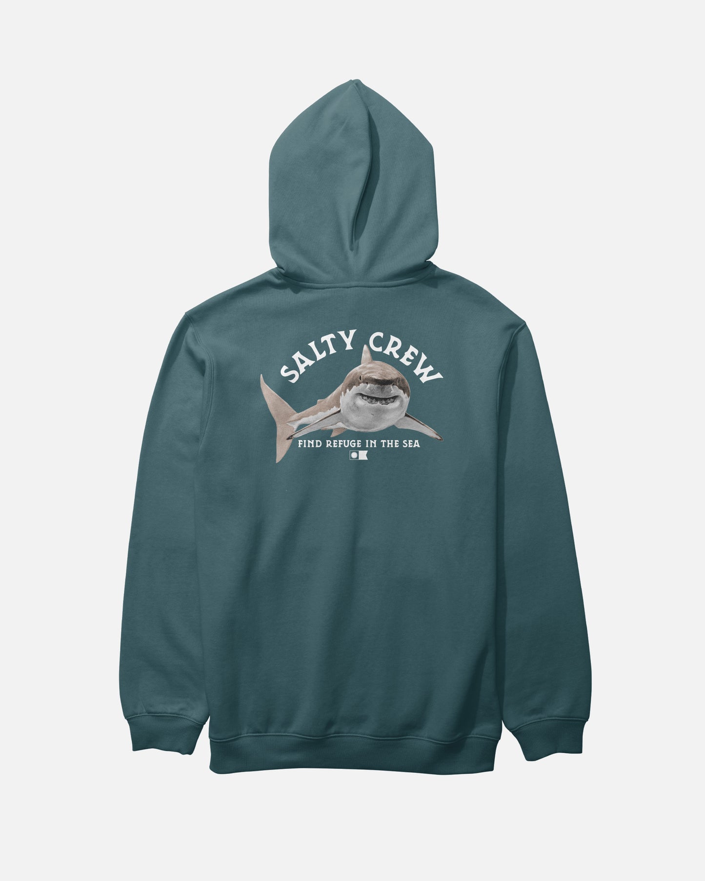 Introducing the Salty Crew Lurking Fleece in Atlantic Blue—a cotton polyester hoodie featuring a striking screenprinted shark graphic on the back. The text above the shark reads “SALTY CREW,” while below it says “FIND REFUGE IN THE SEA.” Designed with a classic kangaroo pocket, this hoodie blends comfort and style seamlessly.