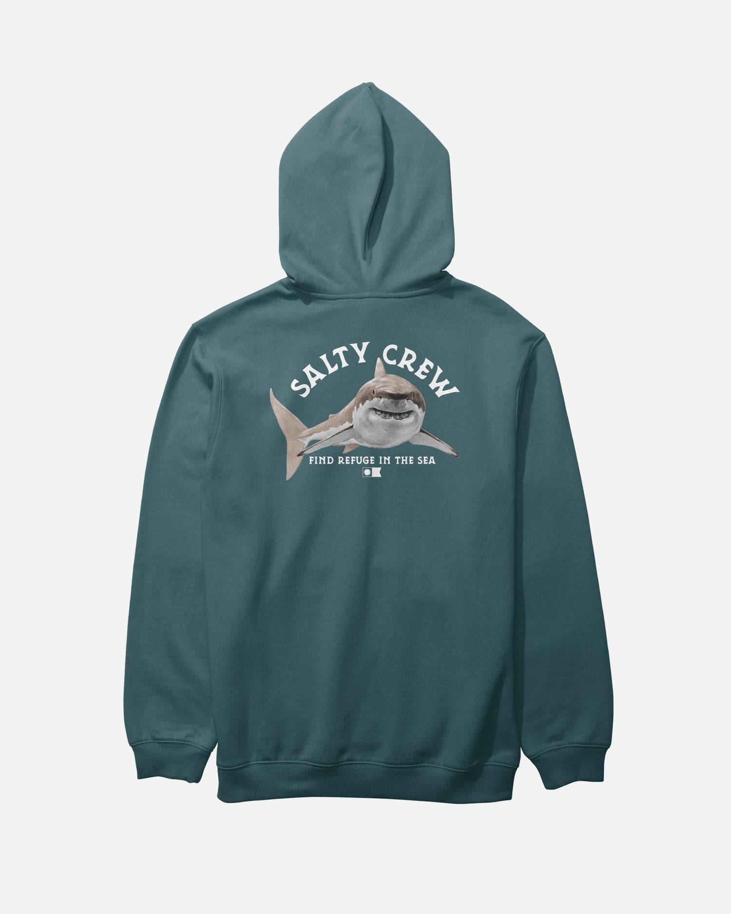 Introducing the Salty Crew Lurking Fleece in Atlantic Blue—a cotton polyester hoodie featuring a striking screenprinted shark graphic on the back. The text above the shark reads “SALTY CREW,” while below it says “FIND REFUGE IN THE SEA.” Designed with a classic kangaroo pocket, this hoodie blends comfort and style seamlessly.