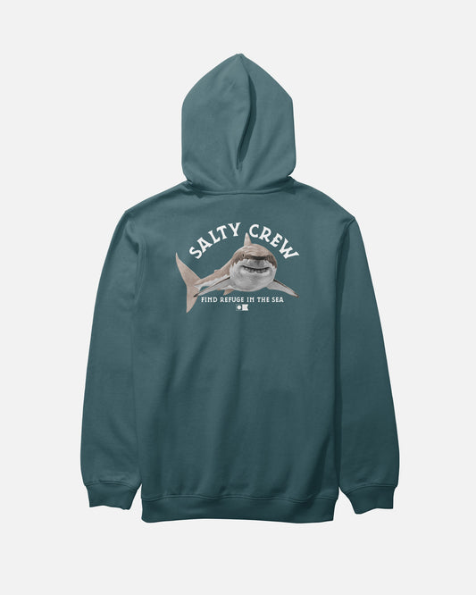 Introducing the Salty Crew Lurking Fleece in Atlantic Blue—a cotton polyester hoodie featuring a striking screenprinted shark graphic on the back. The text above the shark reads “SALTY CREW,” while below it says “FIND REFUGE IN THE SEA.” Designed with a classic kangaroo pocket, this hoodie blends comfort and style seamlessly.