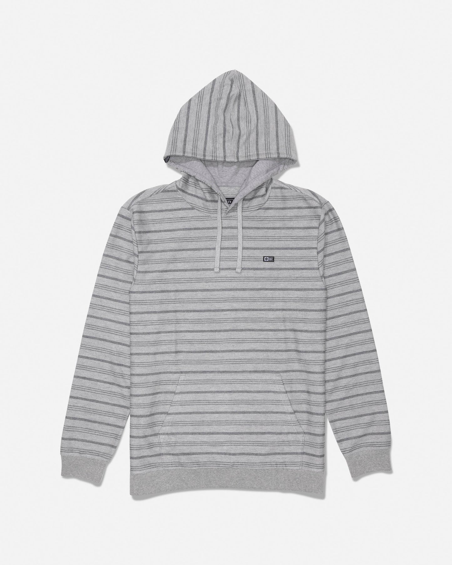 Harbor Grey striped fleece hoodie with front kangaroo pocket and left chest label