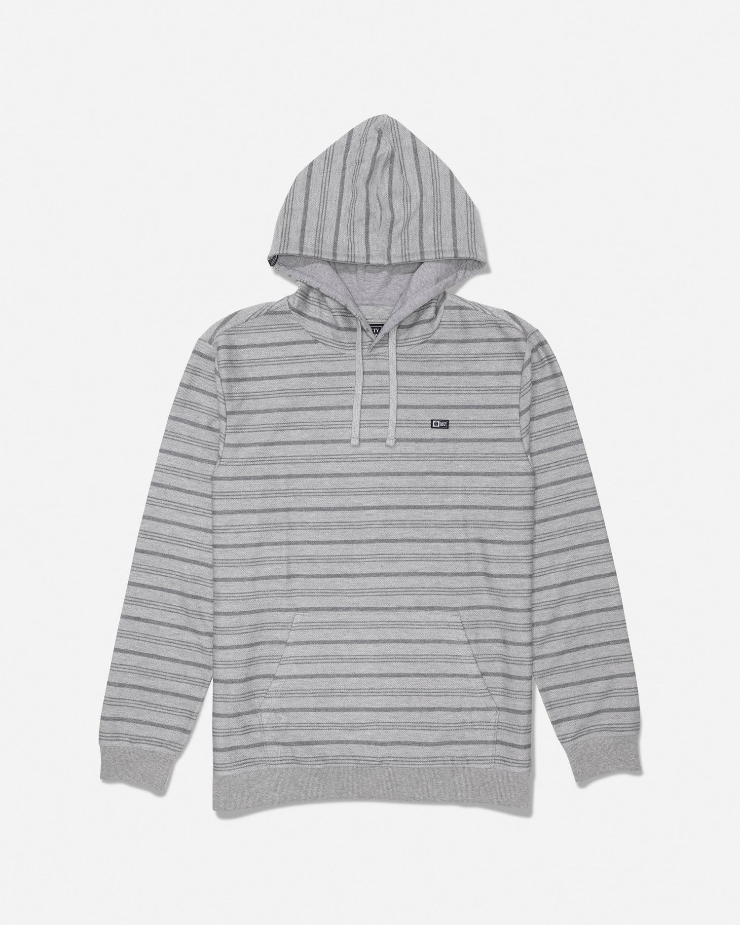 Harbor Grey striped fleece hoodie with front kangaroo pocket and left chest label