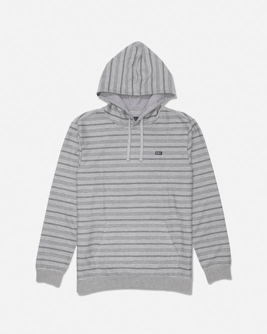 Harbor Grey striped fleece hoodie with front kangaroo pocket and left chest label