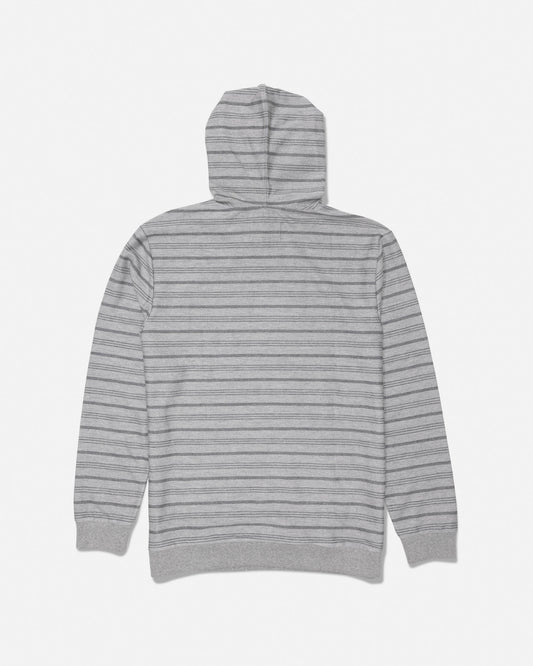Back view of Harbor Grey Crewser fleece hoodie with yarn dyed stripes