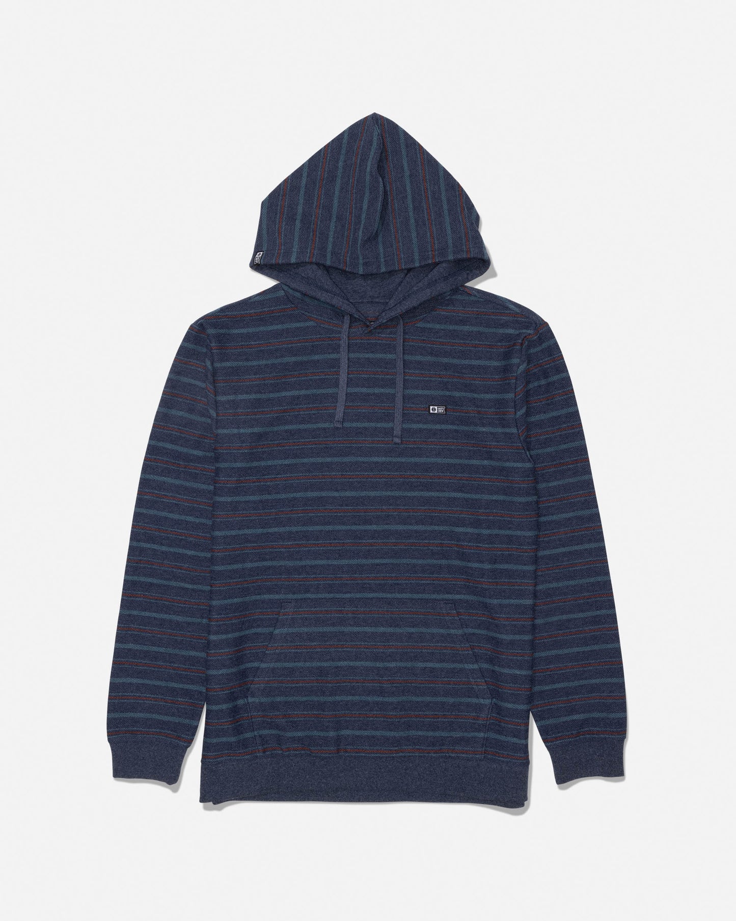 Midnight navy fleece hoodie with yarn dyed stripes hood with drawstrings kangaroo pocket and chest label