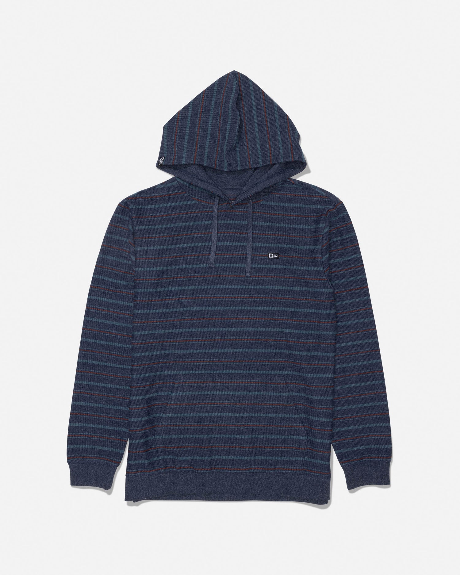 Midnight navy fleece hoodie with yarn dyed stripes hood with drawstrings kangaroo pocket and chest label