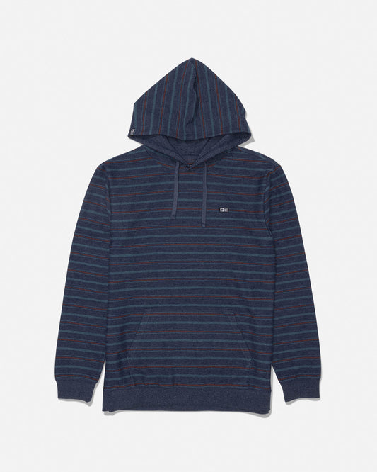 Midnight navy fleece hoodie with yarn dyed stripes hood with drawstrings kangaroo pocket and chest label