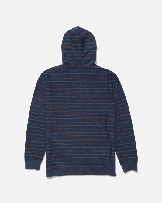 Back view of midnight navy fleece hoodie with yarn dyed stripes and hood