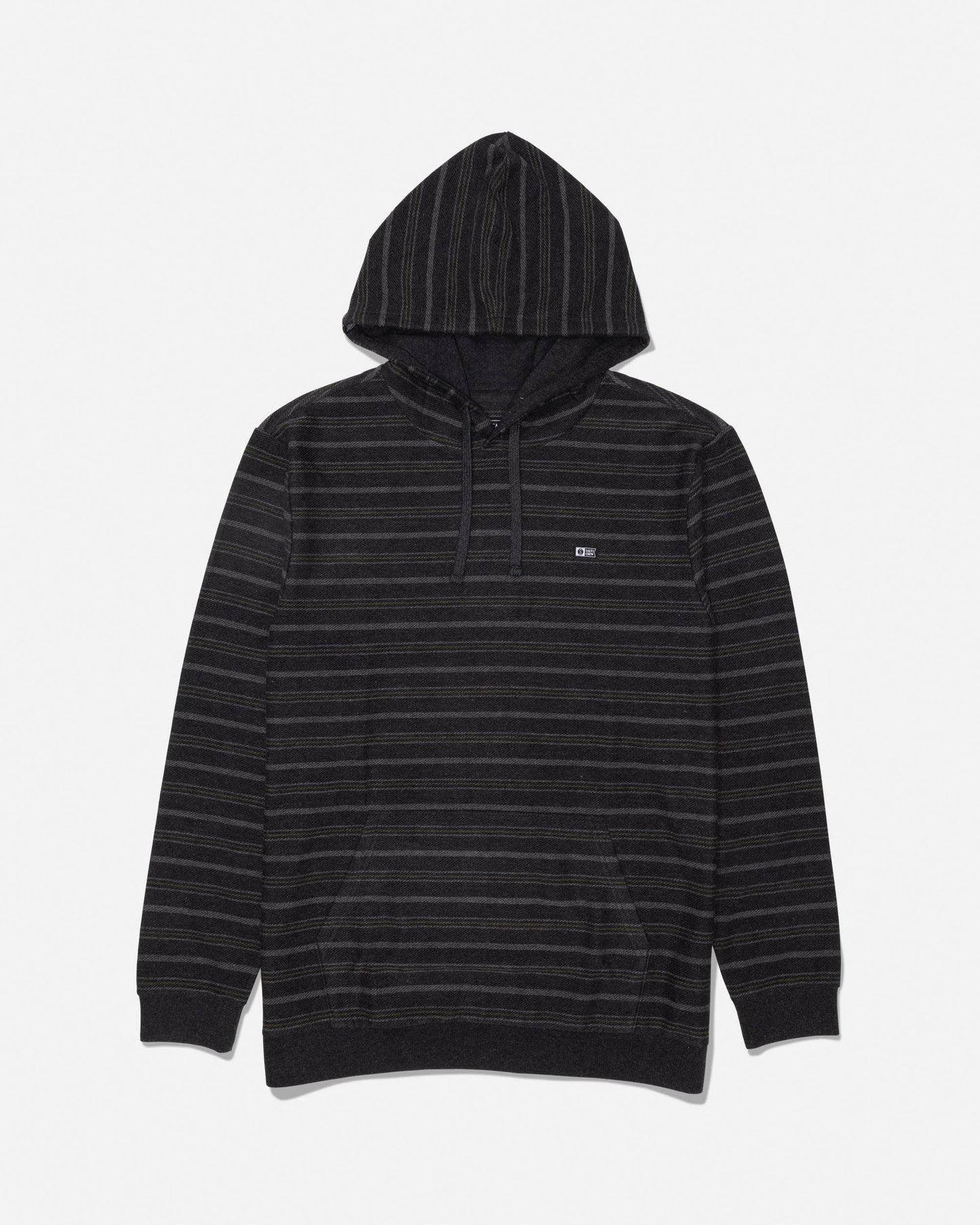 Off black striped fleece hoodie with kangaroo pocket and left chest woven label