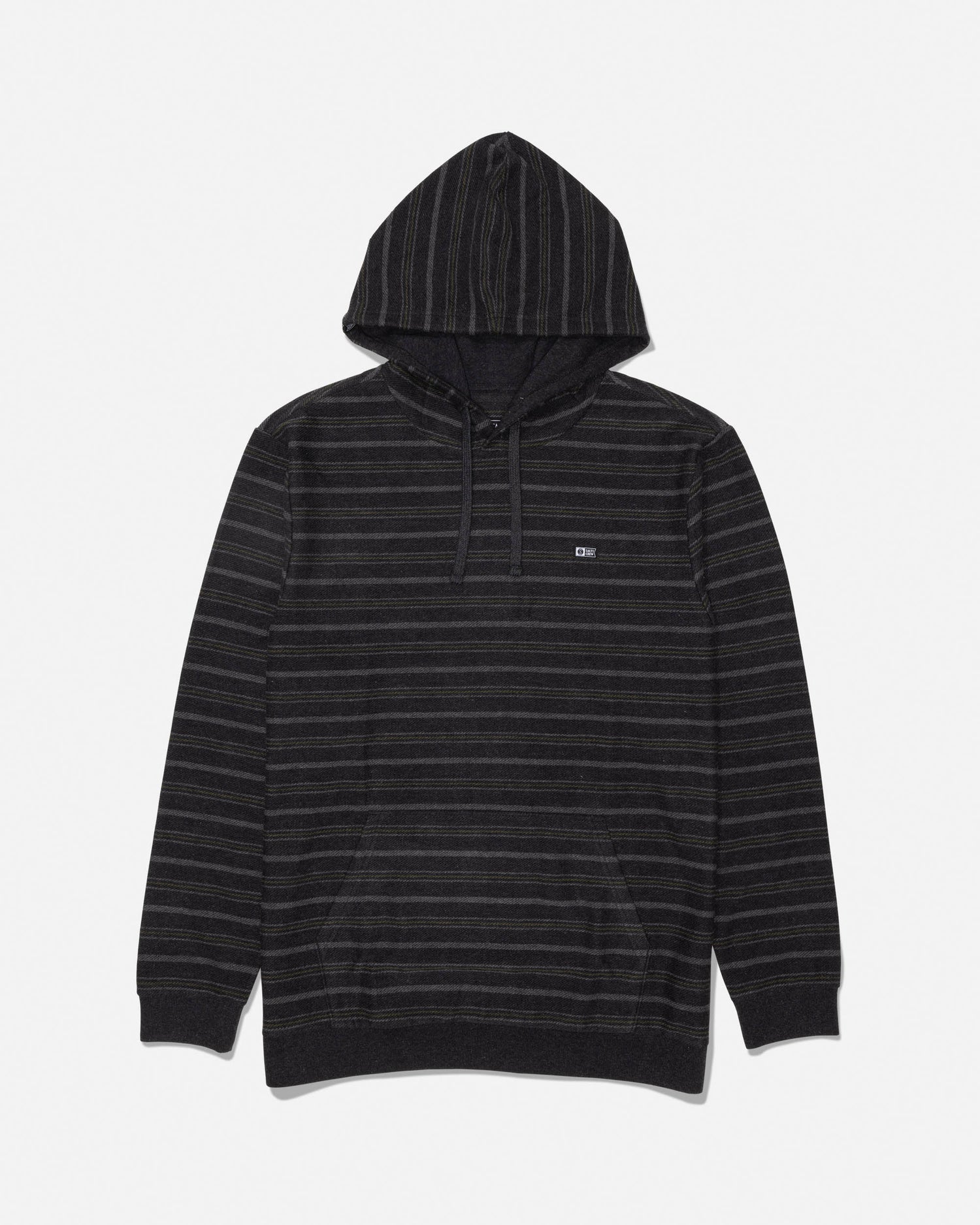 Off black striped fleece hoodie with kangaroo pocket and left chest woven label