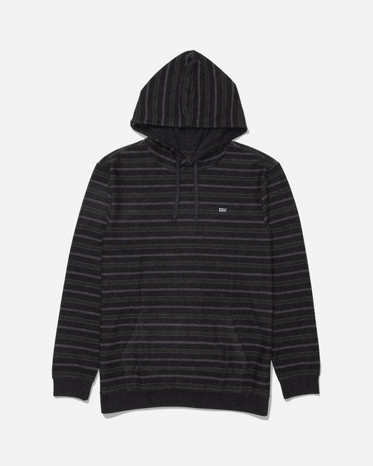 Off black striped fleece hoodie with kangaroo pocket and left chest woven label