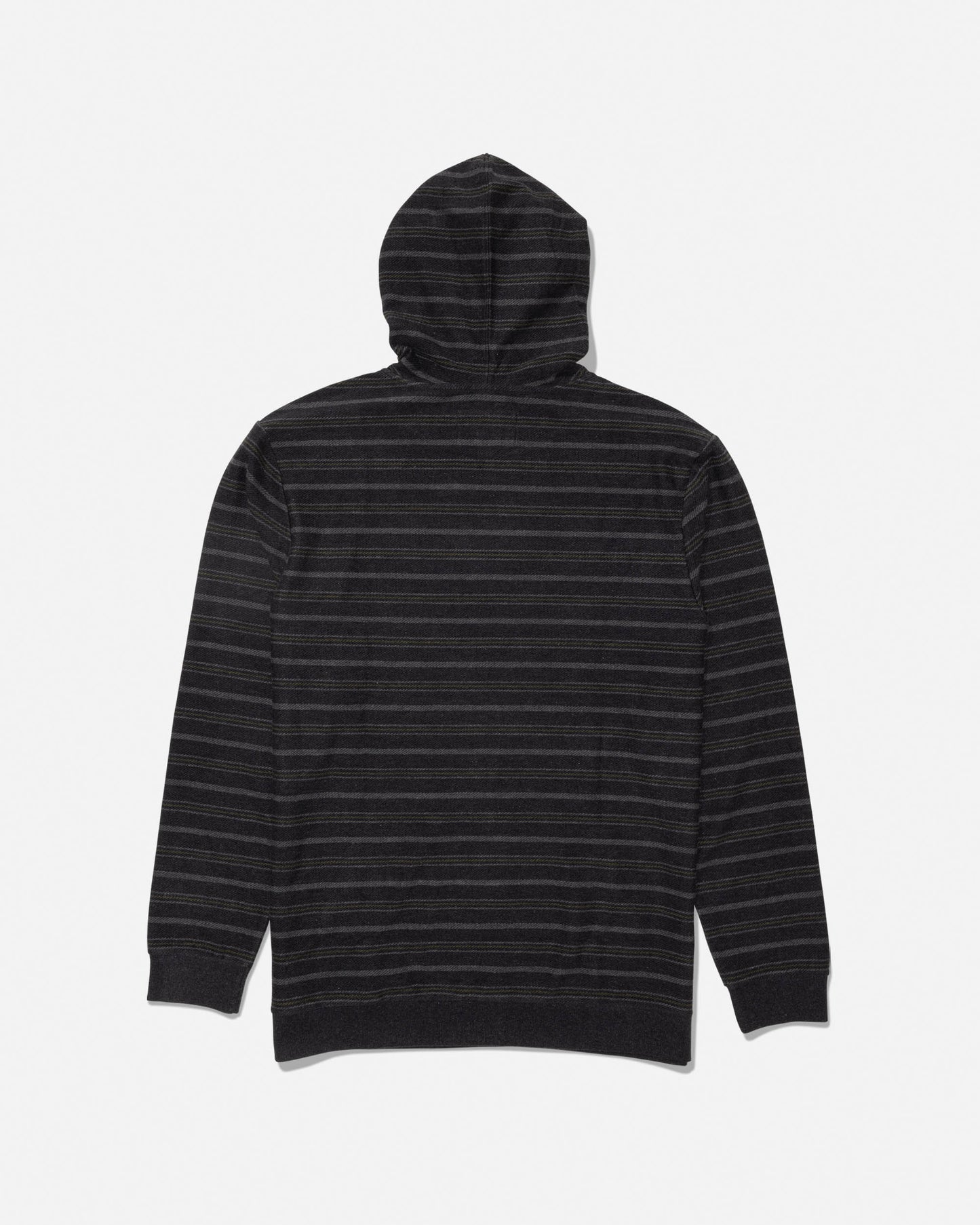 Back view of a dark striped fleece hoodie with hood up