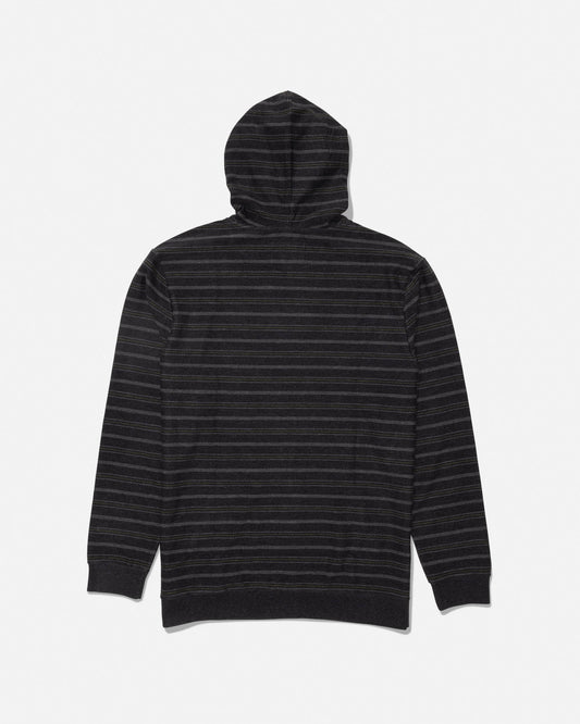 Back view of a dark striped fleece hoodie with hood up