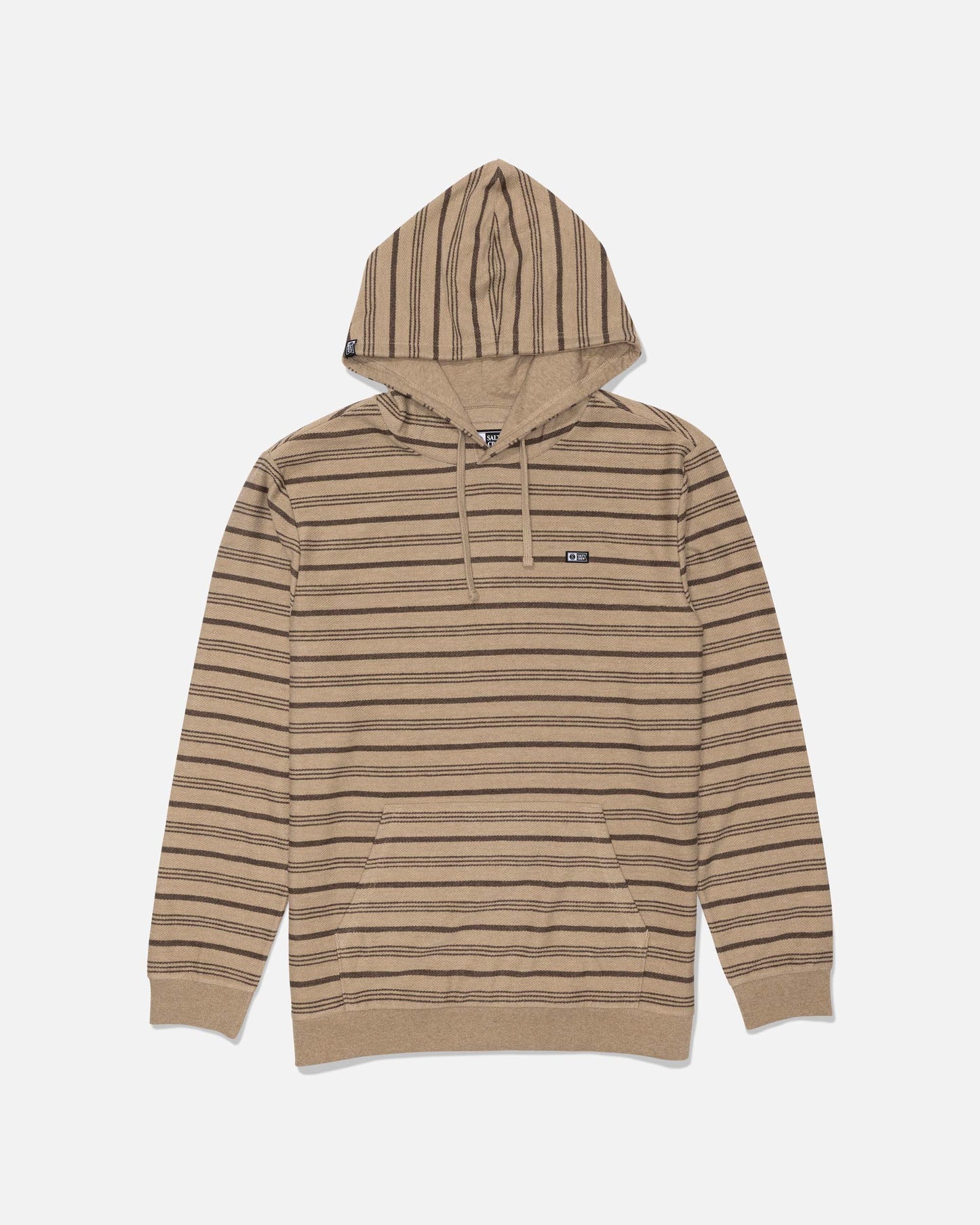 Front view of Twig striped fleece hoodie with hood and woven label on left chest