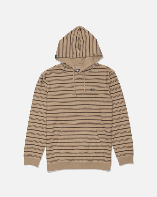Front view of Twig striped fleece hoodie with hood and woven label on left chest