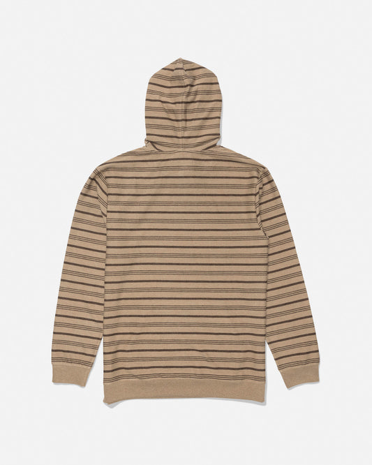 Back view of Twig striped fleece hoodie with hood up