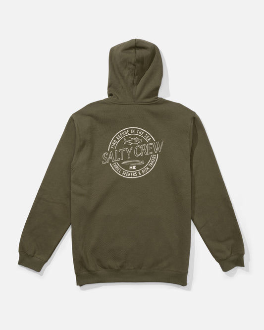 Back view of the Skewed Zip Fleece - Dusty Olive. 