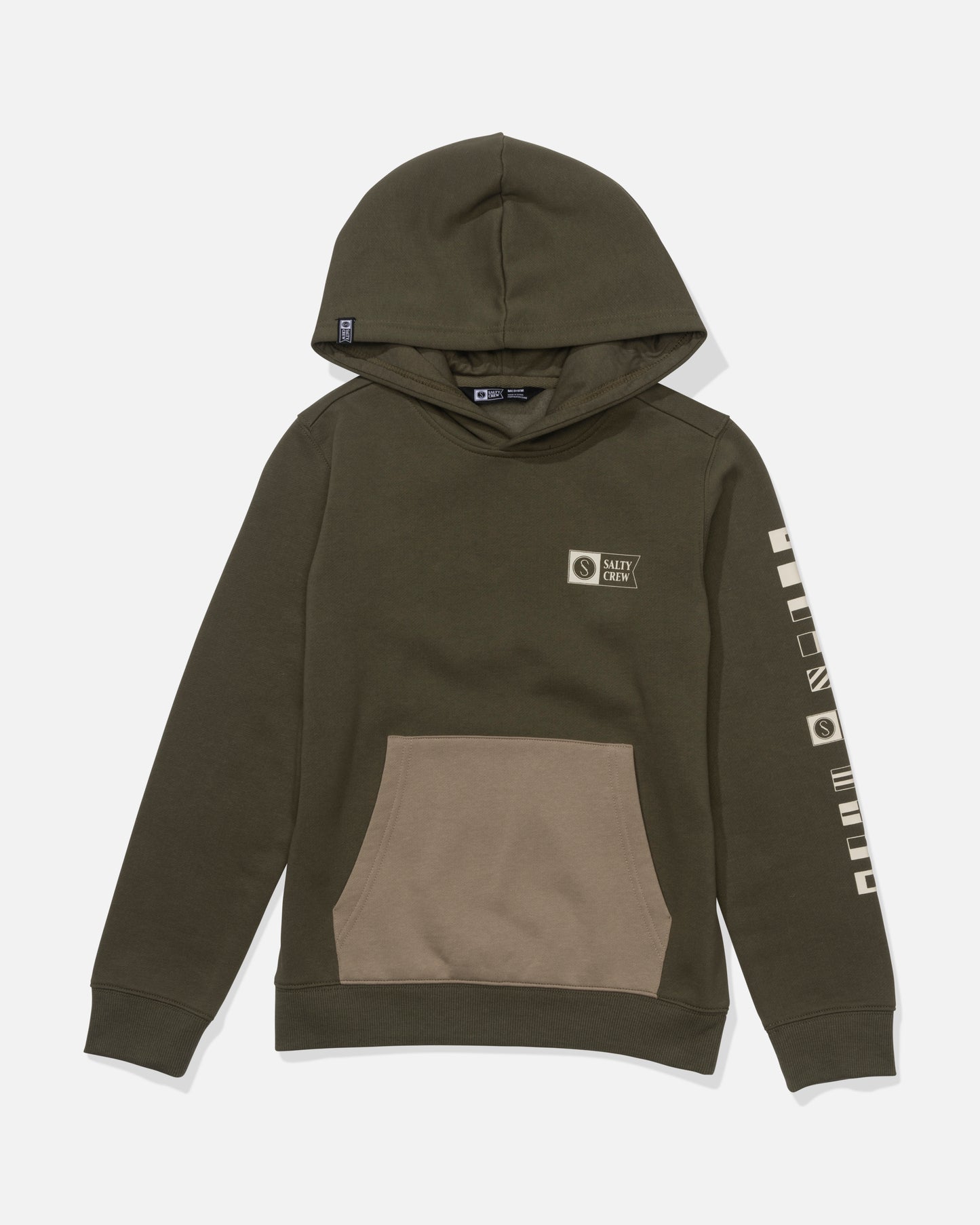 The Salty Crew Alpha Color Block Boys Fleece in Olive Stone features a hood, light brown front kangaroo pocket, small white chest graphic and text, plus white geometric designs along the left sleeve. A comfy mid-weight hoodie for daily wear.