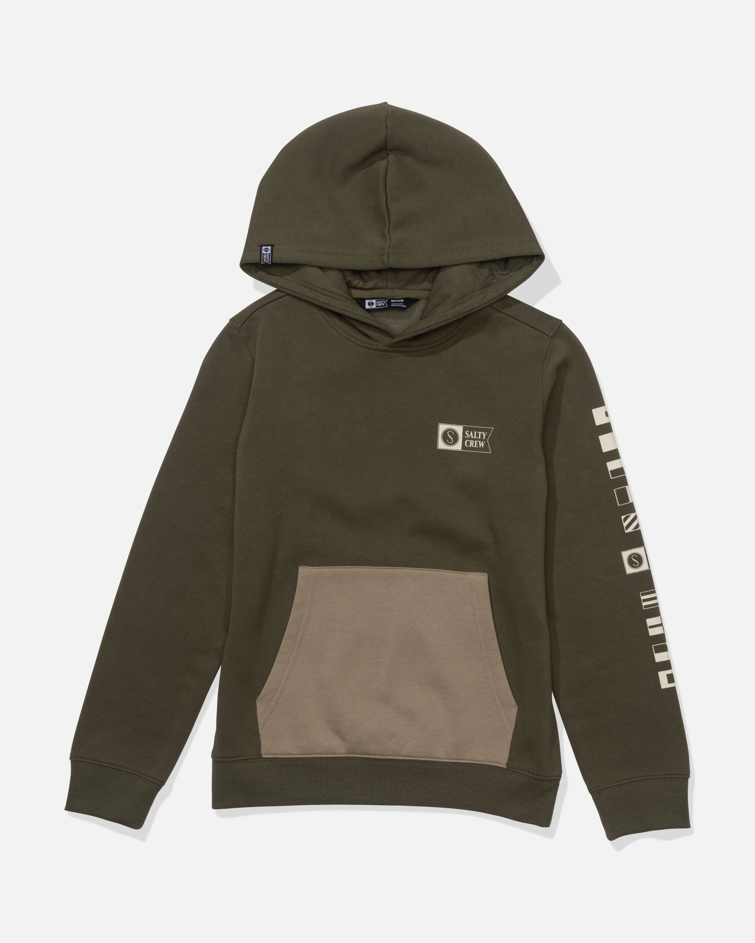 The Salty Crew Alpha Color Block Boys Fleece in Olive Stone features a hood, light brown front kangaroo pocket, small white chest graphic and text, plus white geometric designs along the left sleeve. A comfy mid-weight hoodie for daily wear.