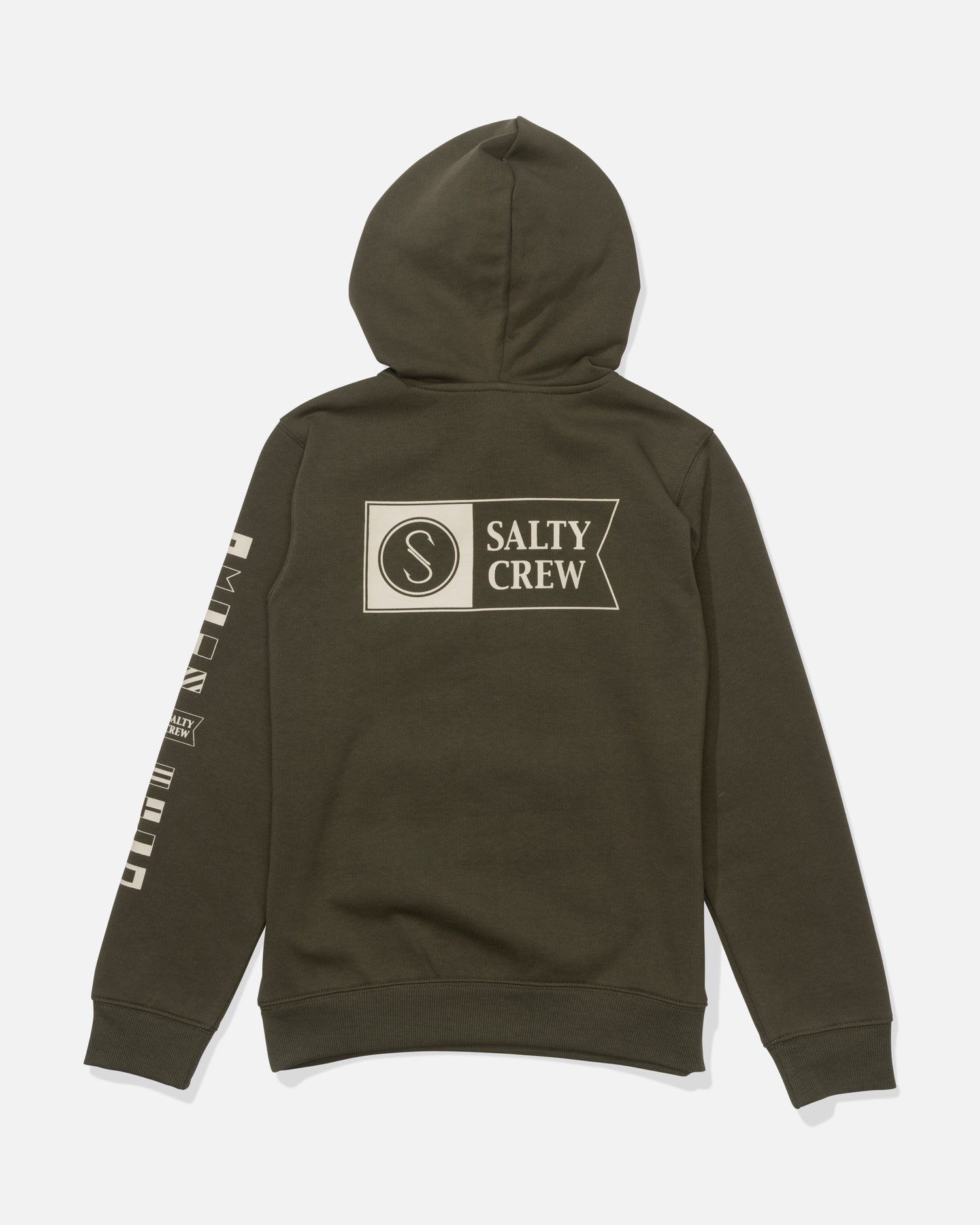 The Salty Crew Alpha Color Block Boys Fleece in Olive Stone features a hood, kangaroo pocket, long sleeves, a large white Salty Crew logo on the back, and extra white graphics down the right sleeve. Mid weight hoodie shown laid flat.