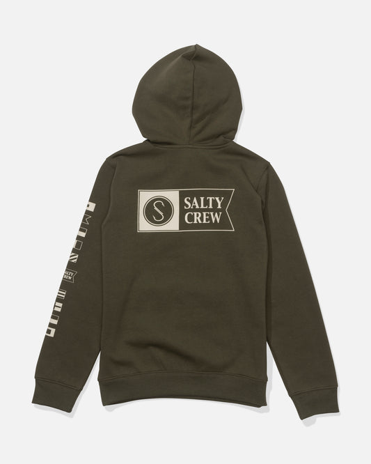 The Salty Crew Alpha Color Block Boys Fleece in Olive Stone features a hood, kangaroo pocket, long sleeves, a large white Salty Crew logo on the back, and extra white graphics down the right sleeve. Mid weight hoodie shown laid flat.