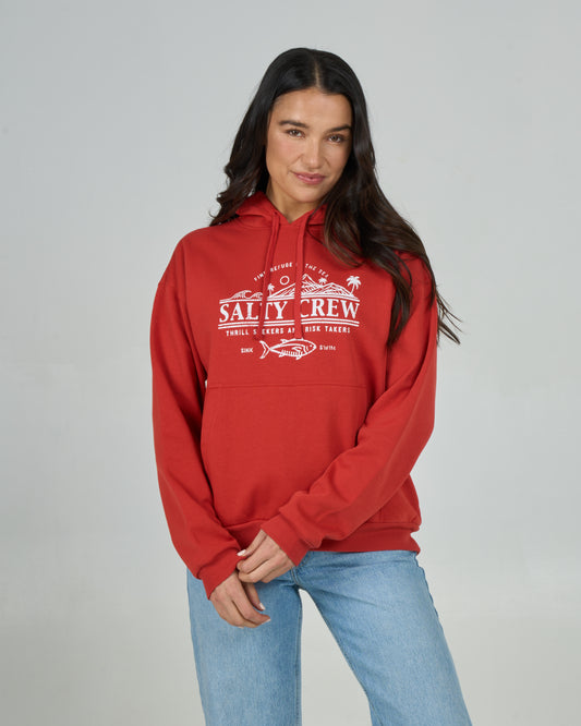 Front view of the Land And Sea Hoody - Fiesta Red. 