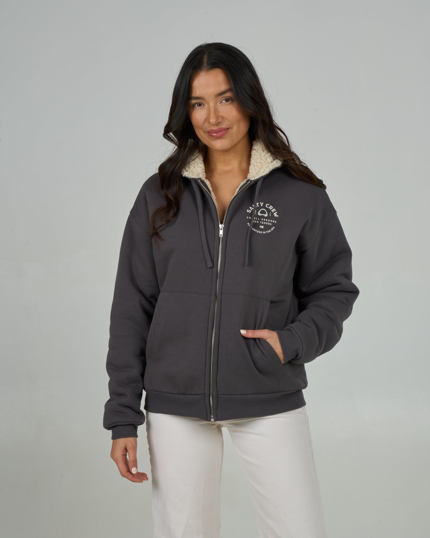 Front view of the Chompers Zip Hoody - Charcoal. 