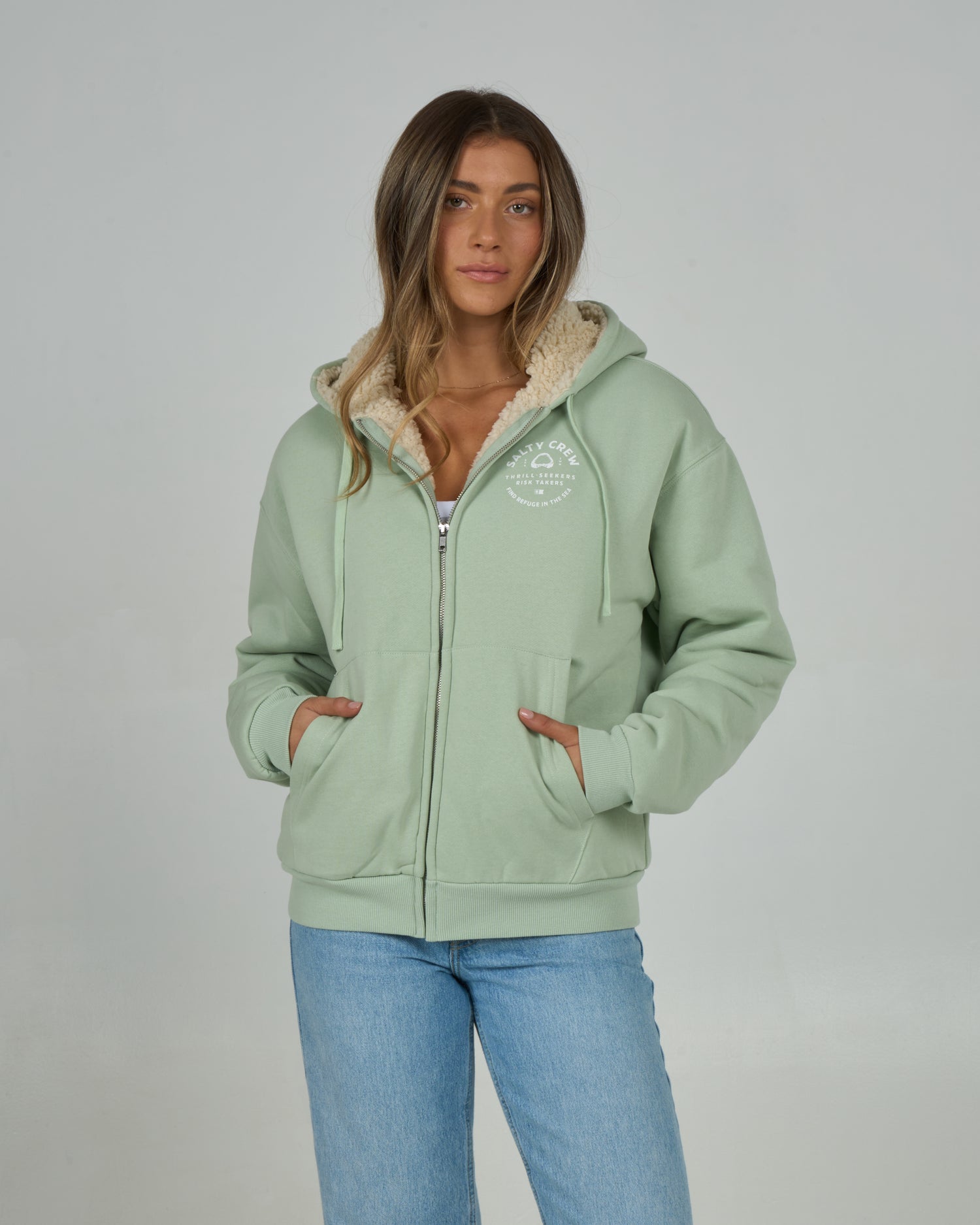 Front view of the Chompers Zip Hoody - Meadow Green. 