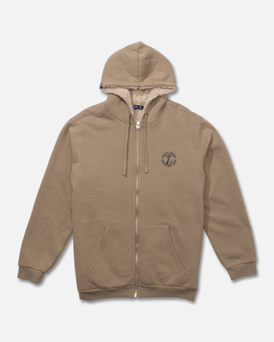 Front view of the Coastal Sherpa Fleece Hoodie - Khaki. 