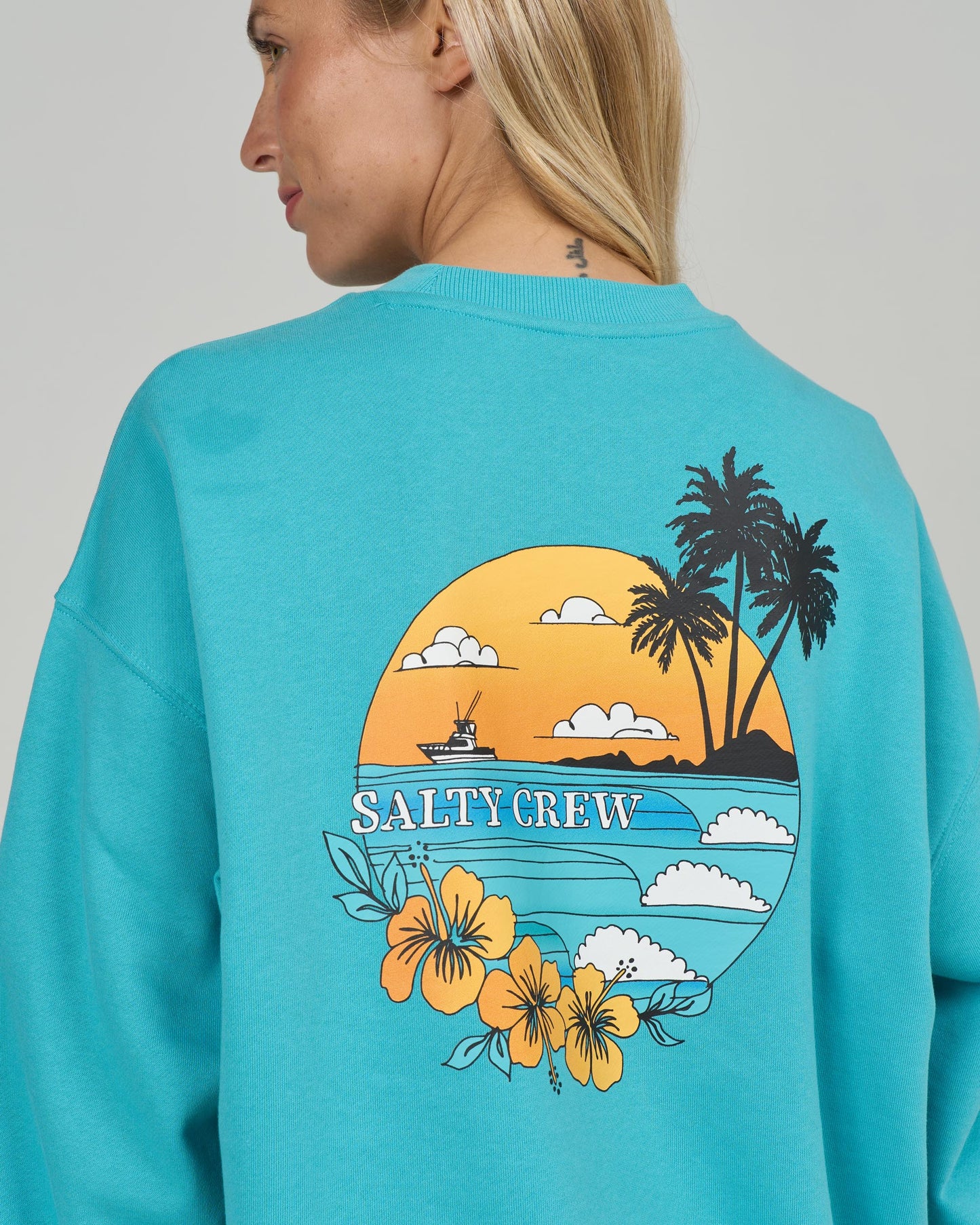 Close up back view of the Sunset Crew - Turquoise. 